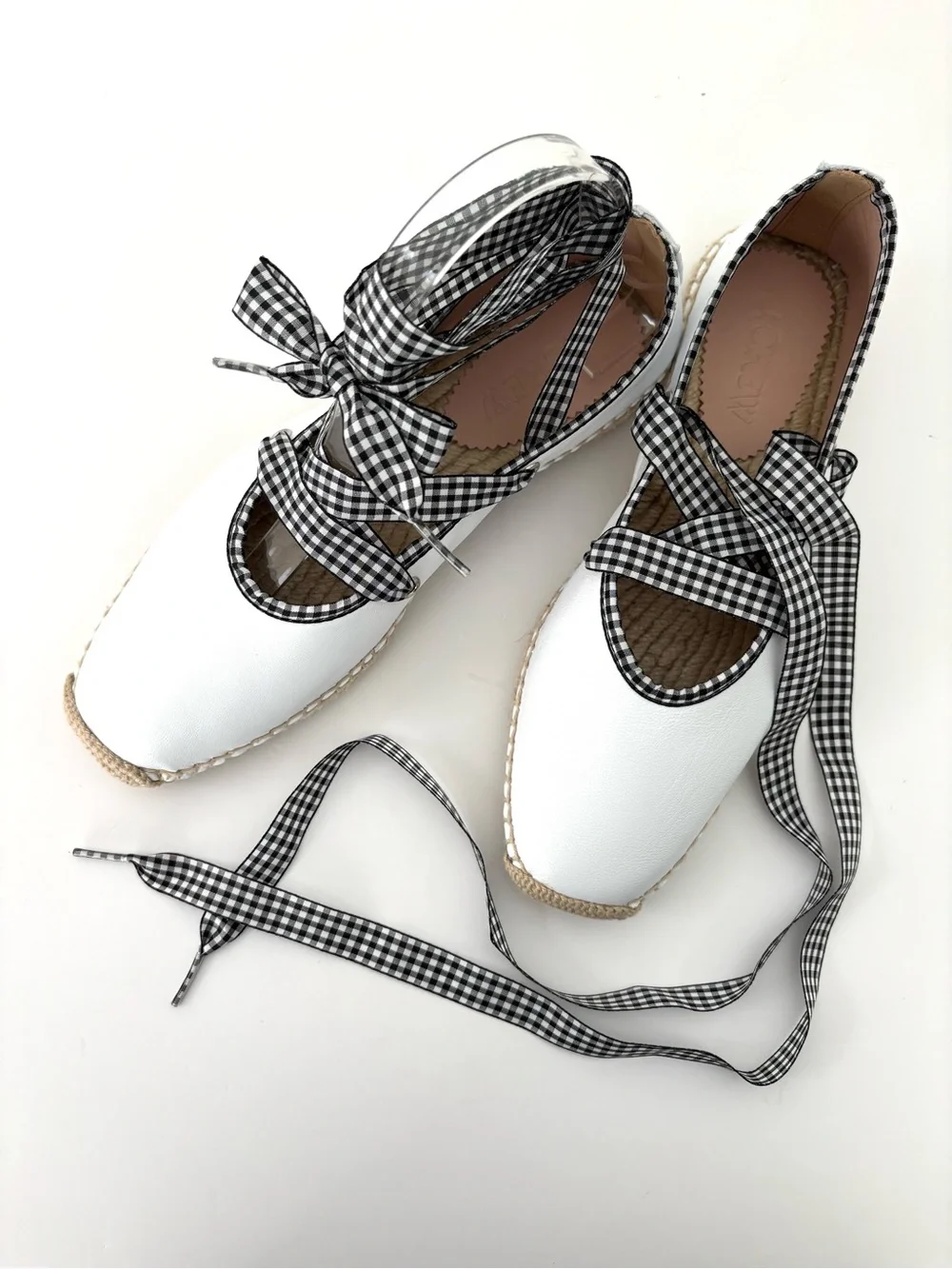J.Crew Sophie Lace-Up Espadrilles NWT White Gingham Adjustable Ribbon Size 8